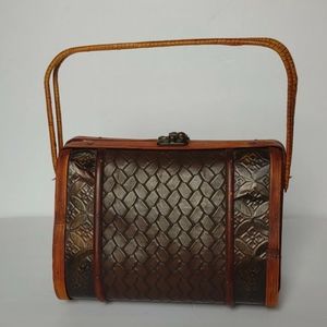 Vtg Leather Handbag Brown Wicker Frame Wood Chest Satchel Double Handle Handmade